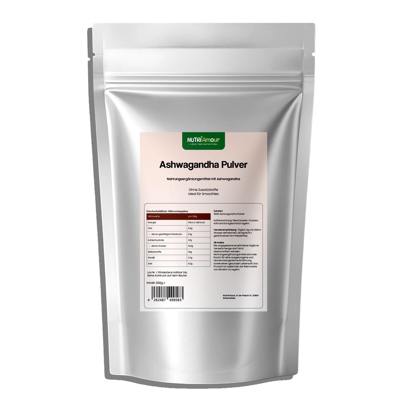 Natürliches Ashwagandha Pulver 500g - Rein & Laborgeprüft im Standbodenbeutel für Ihr tägliches Wohlbefinden.
