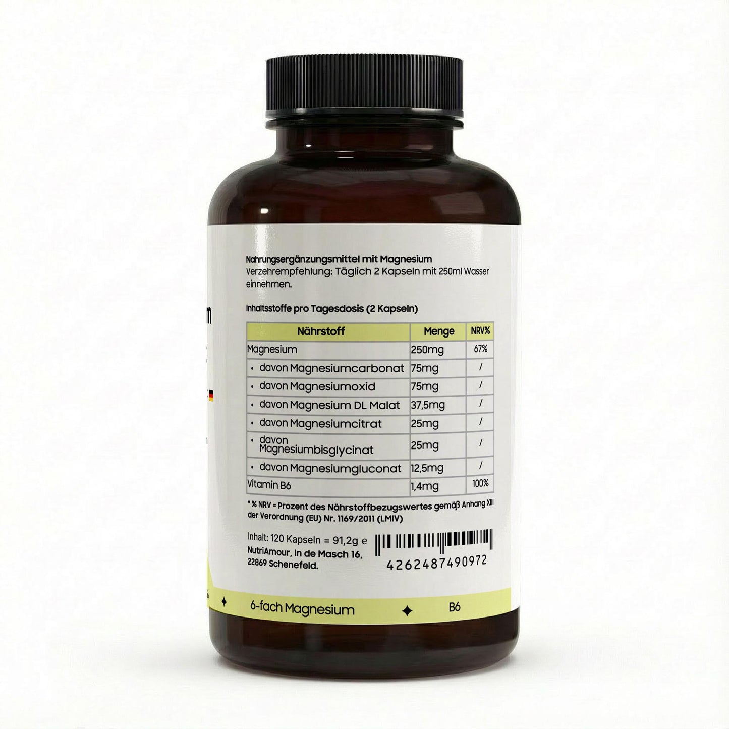 Reiner Magnesium 6x Complex + B6 - 120 vegan capsules zur Unterstützung des Energiestoffwechsels. Laborgeprüft.