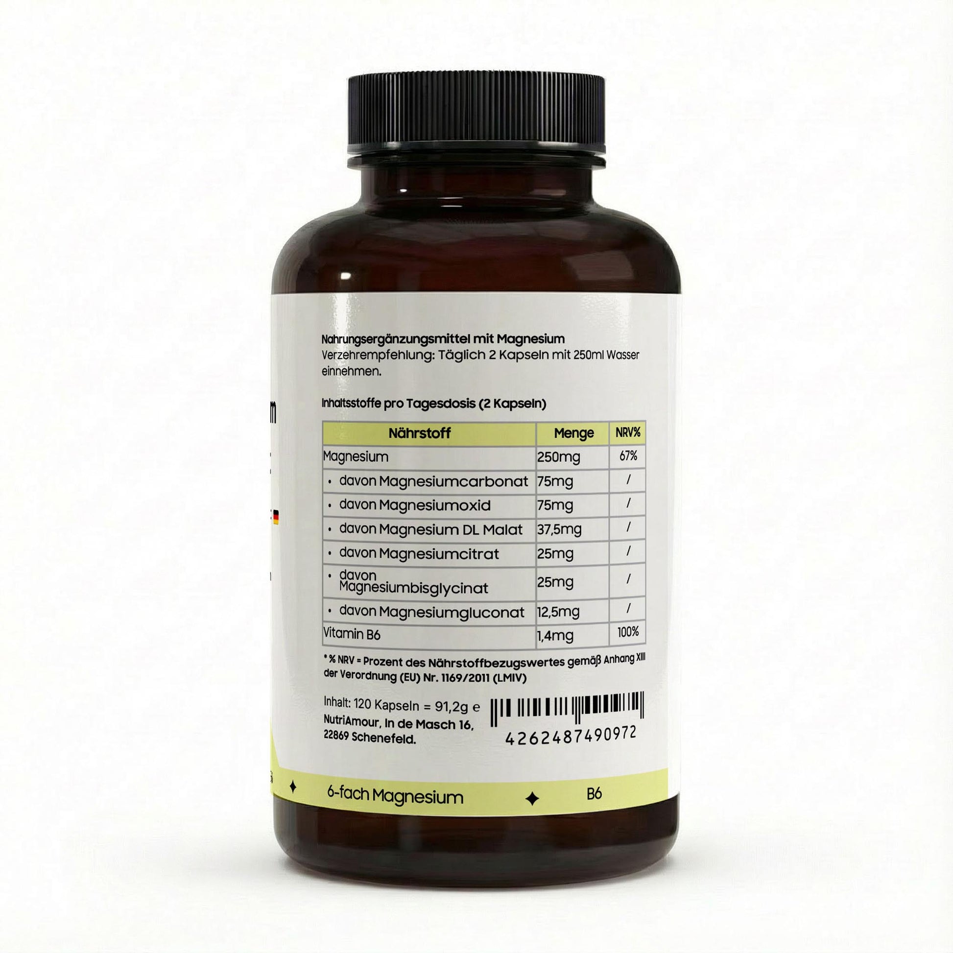 Reiner Magnesium 6x Complex + B6 - 120 vegan capsules zur Unterstützung des Energiestoffwechsels. Laborgeprüft.