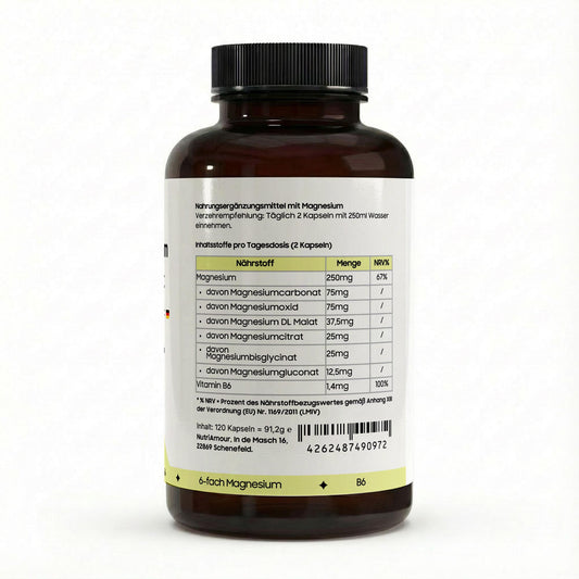 Reiner Magnesium 6x Complex + B6 - 120 vegan capsules zur Unterstützung des Energiestoffwechsels. Laborgeprüft.