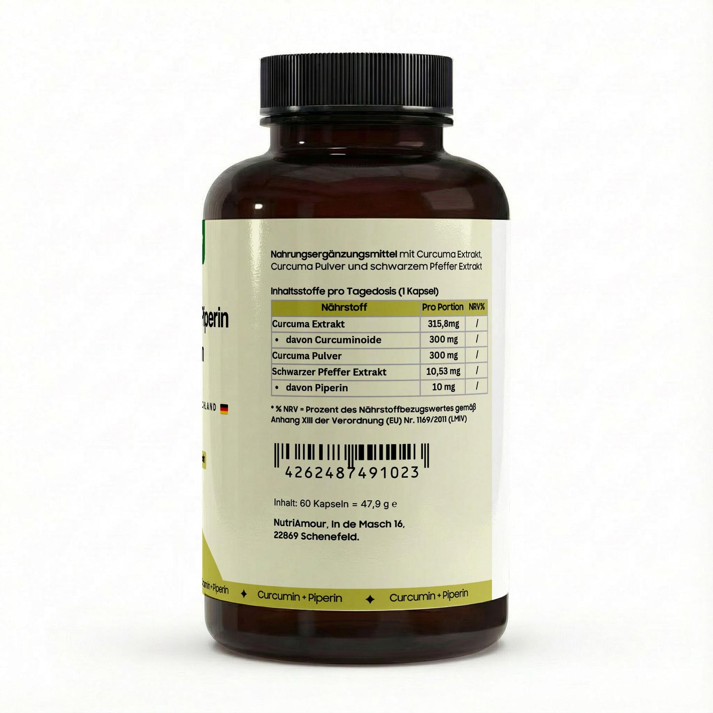 Premium Turmeric (95% Curcumin) + Piperine - 60 vegan capsules mit laborgeprüfter Reinheit für Ihr Wohlbefinden.