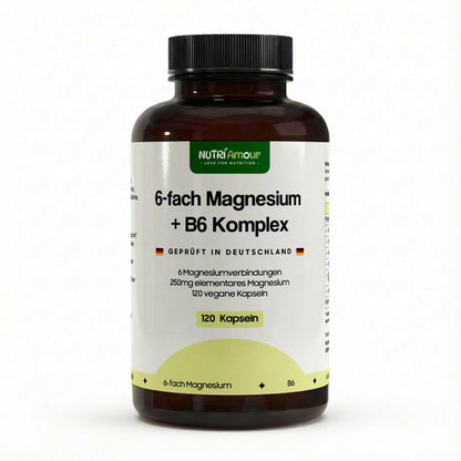 Premium Magnesium 6x Complex + B6 - 120 vegan capsules für Muskeln und Nerven, laborgeprüfte Qualität.