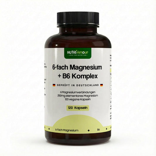 Premium Magnesium 6x Complex + B6 - 120 vegan capsules für Muskeln und Nerven, laborgeprüfte Qualität.
