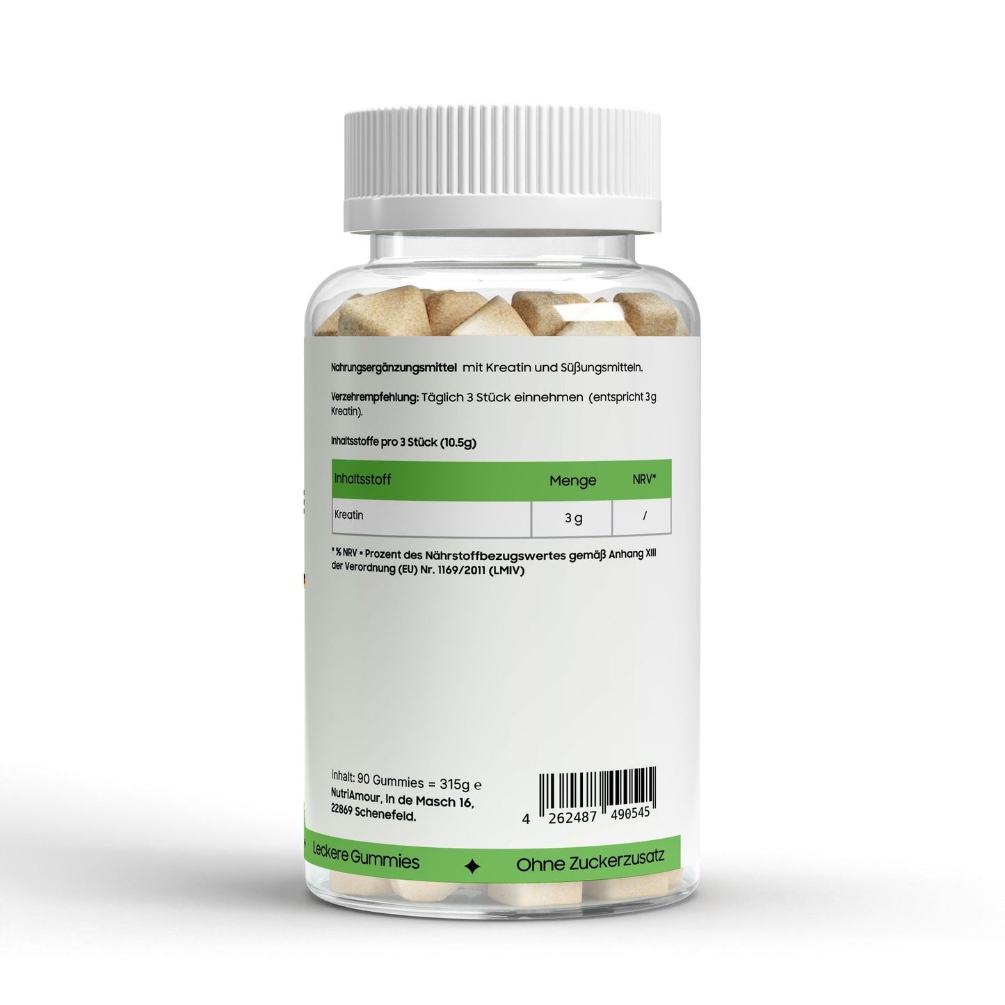 Detailansicht der laborgeprüften Kreatin Gummies - NutriAmour® als leckere und praktische Ergänzung für den Alltag.
