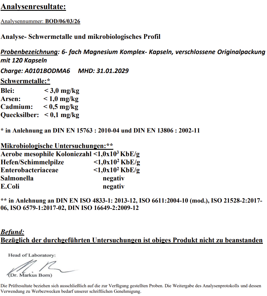 Reines Magnesium 6x Complex + B6 - 120 vegan capsules für Ihr tägliches Wohlbefinden. Laborgeprüfte Qualität.