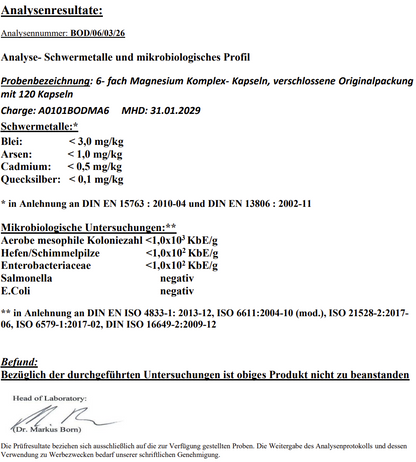 Reines Magnesium 6x Complex + B6 - 120 vegan capsules für Ihr tägliches Wohlbefinden. Laborgeprüfte Qualität.