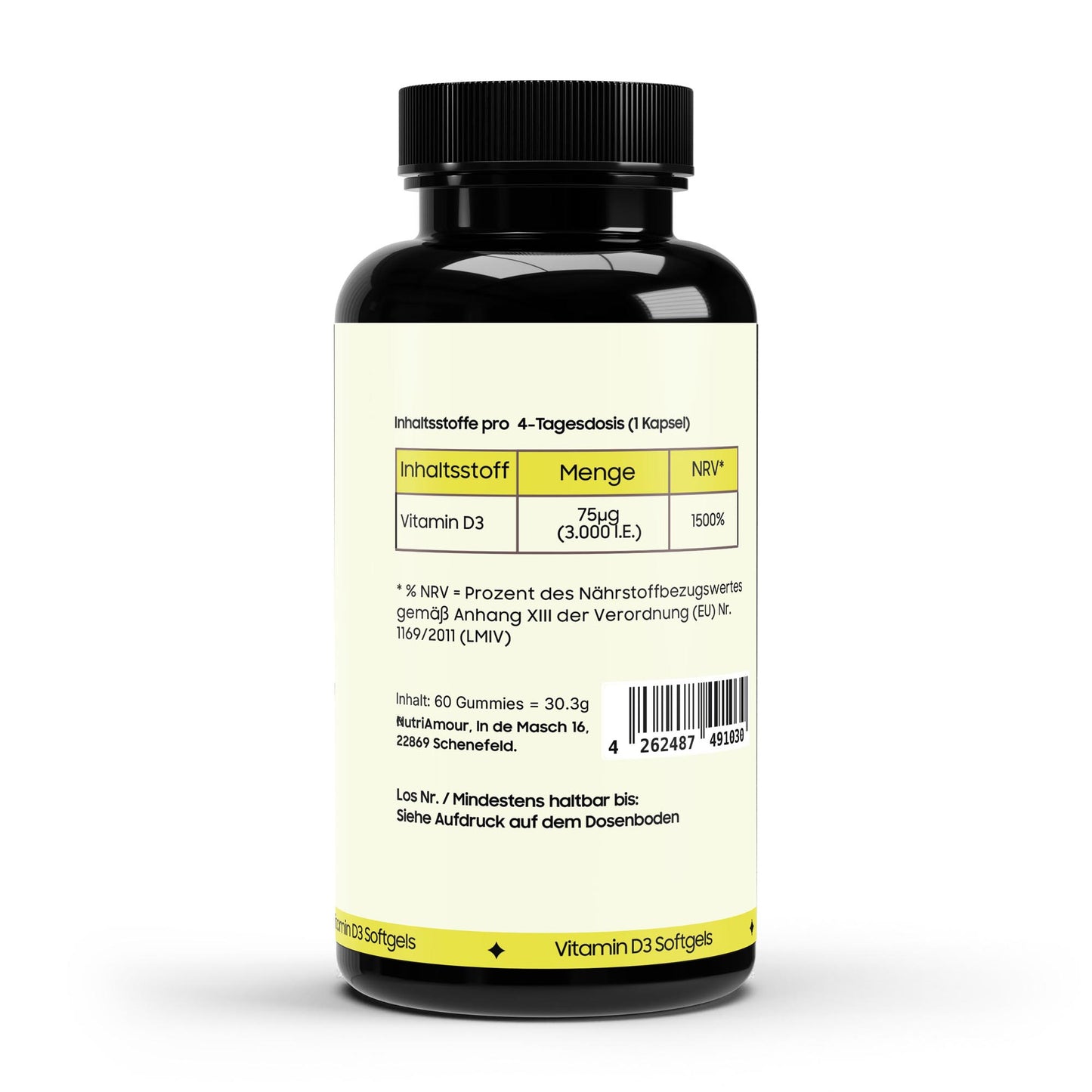 Laborgeprüfte Vitamin D3 3,000 I.U. - 60 vegan softgels zur täglichen Unterstützung von Immunsystem und Knochen.