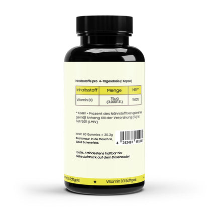 Laborgeprüfte Vitamin D3 3,000 I.U. - 60 vegan softgels zur täglichen Unterstützung von Immunsystem und Knochen.