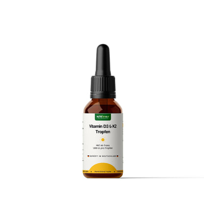 Vitamin D3 K2 Tropfen – NutriAmour. Laborgeprüfte Qualität zur Unterstützung von Immunsystem und normalen Knochen.