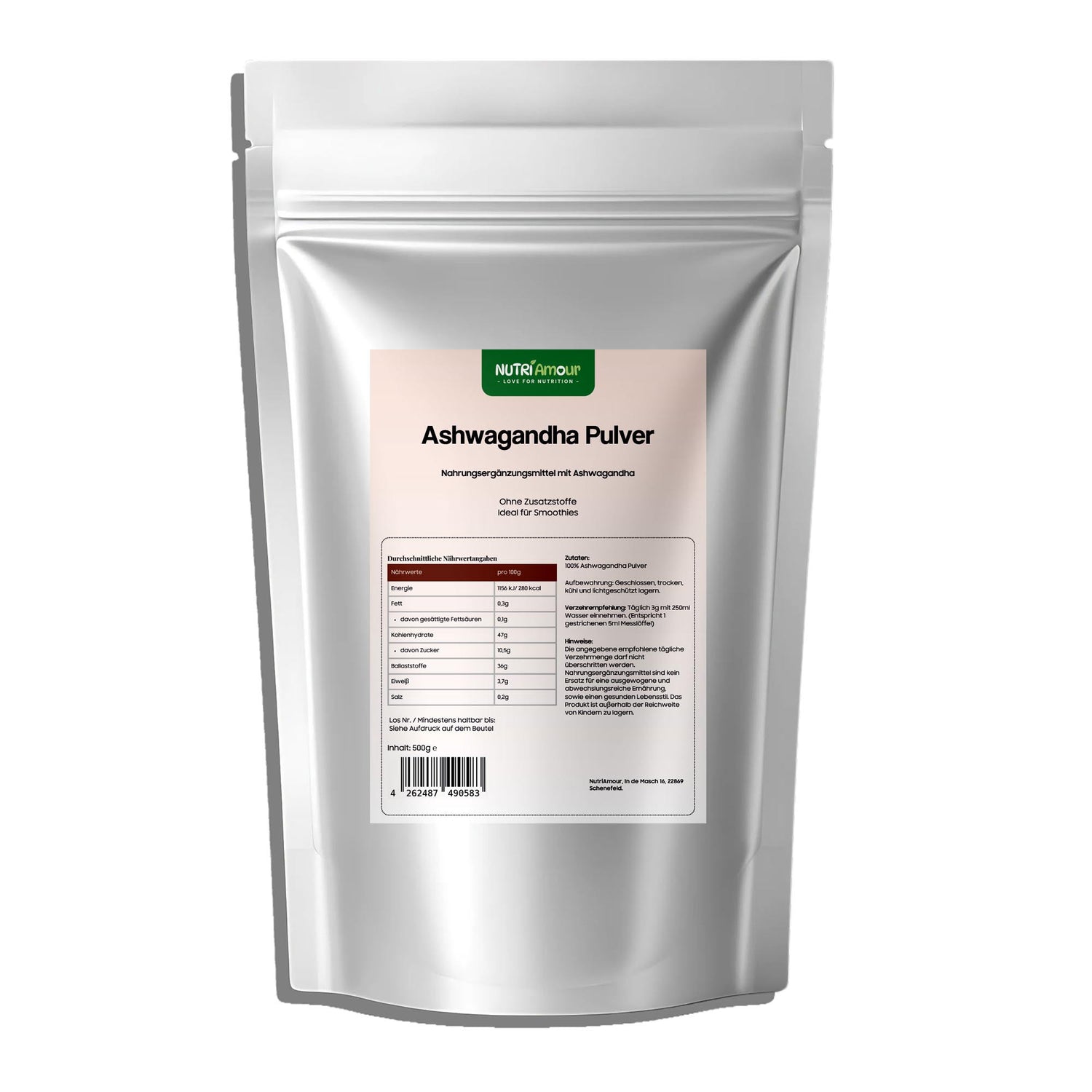 Natürliches Ashwagandha Pulver 500g - Rein & Laborgeprüft im Standbodenbeutel für Ihr tägliches Wohlbefinden.