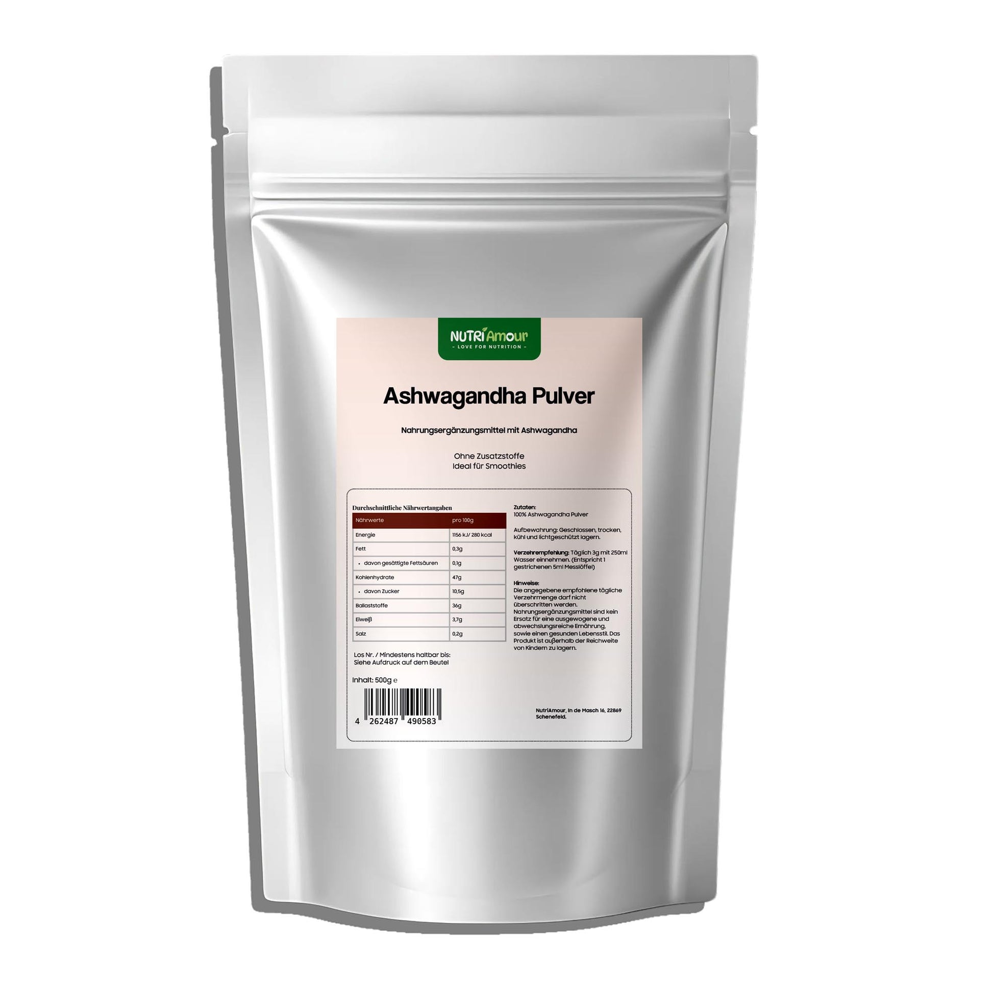 Natürliches Ashwagandha Pulver 500g - Rein & Laborgeprüft im Standbodenbeutel für Ihr tägliches Wohlbefinden.