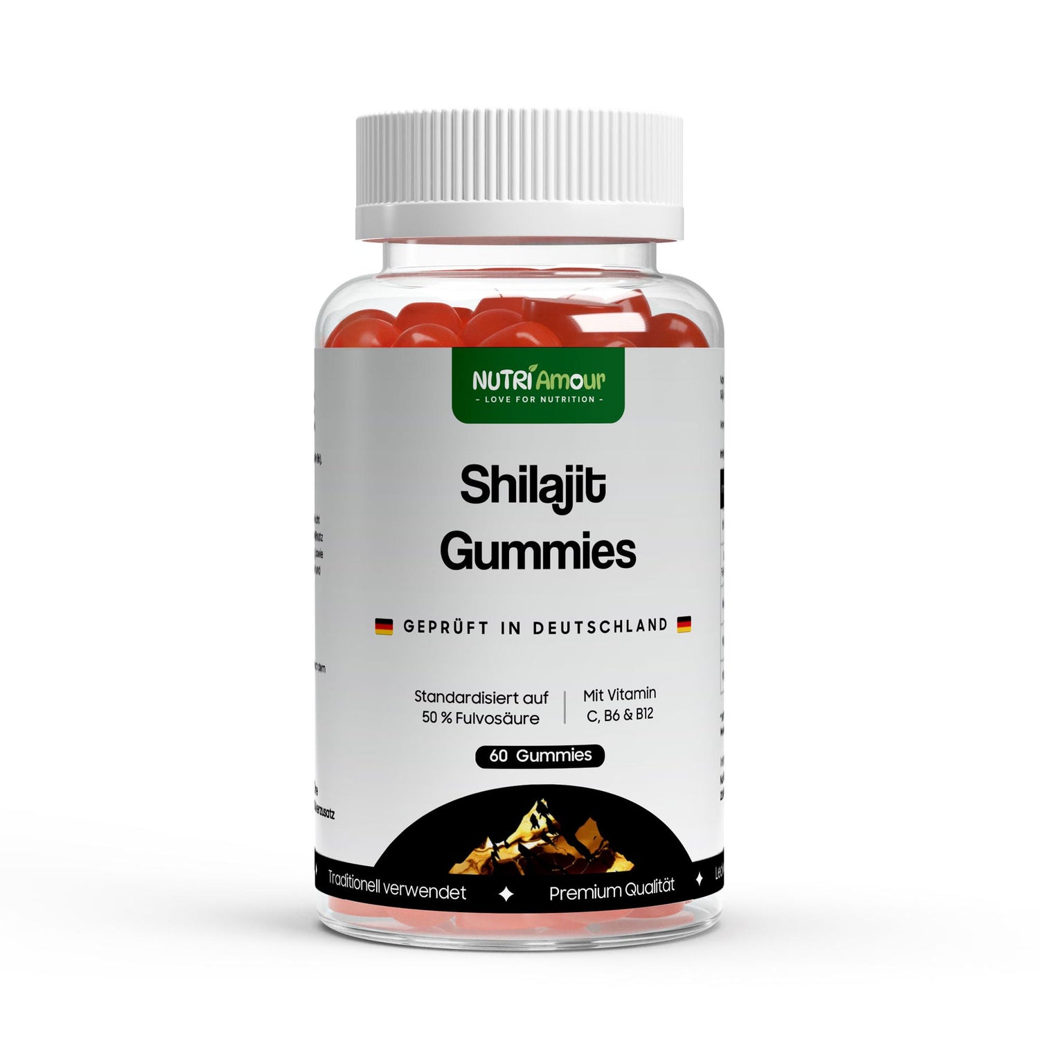 Dose mit 60 laborgeprüften Shilajit (Mumijo) Gummies 1000mg. Mit Vitamin C zur Unterstützung des Wohlbefindens.
